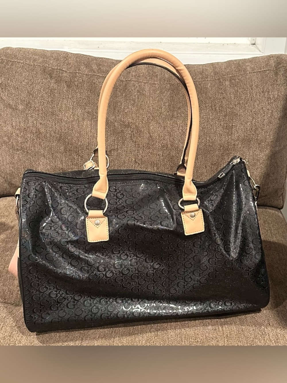 Guess Black Glossy Monogram Weekender with Tan Accents - Picture 3 of 9